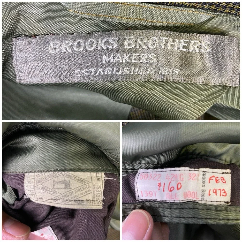70s Brooks Brothers Makers Blazer Sport Coat 42L Mens Green Brown Glen Plaid